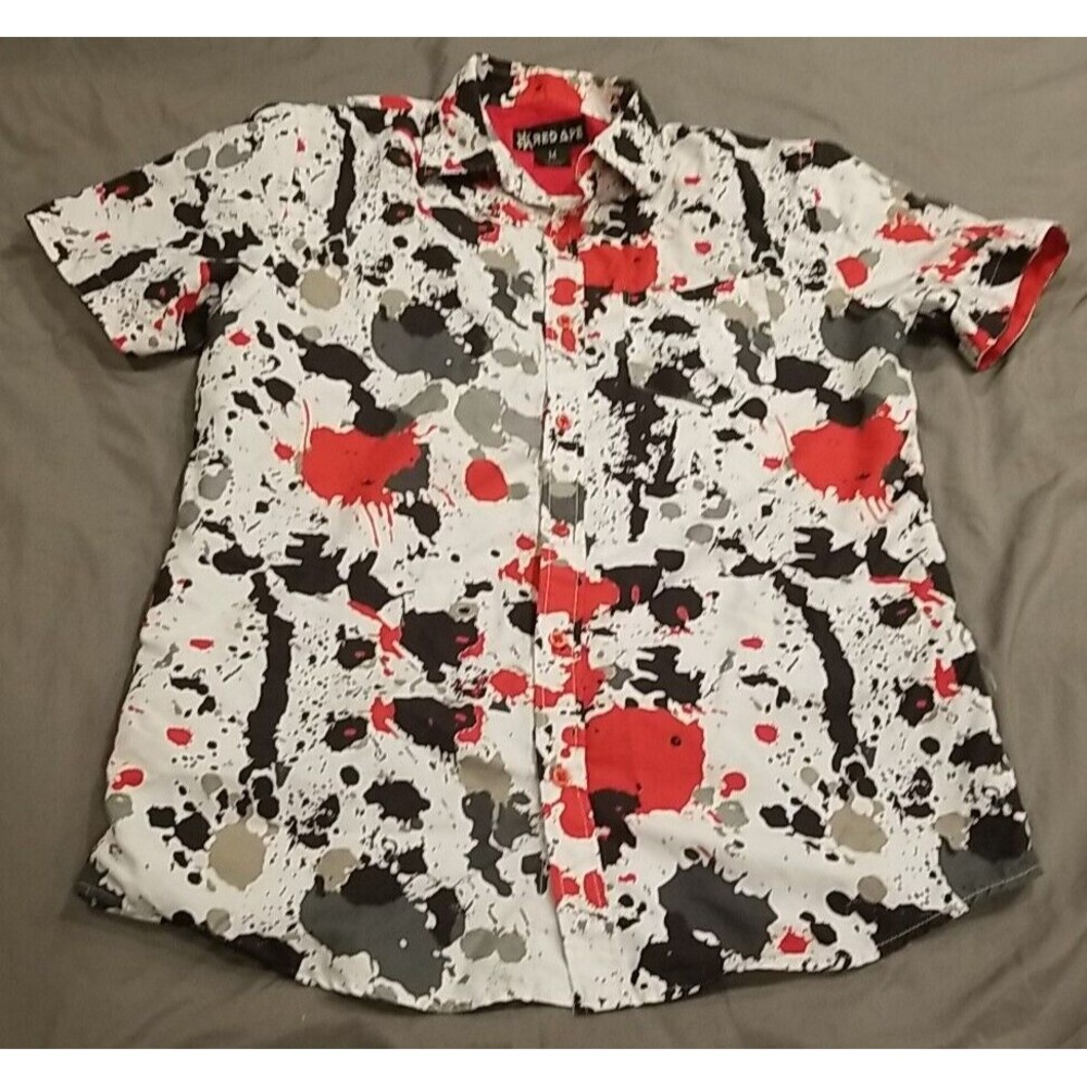 Red Ape Shirt Mens Medium Button Up All Over Print Red White Black Paint Spots